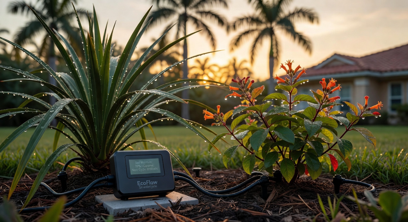 Smart irrigation system in action in a Florida-friendly Cape Coral garden at sunrise, water droplets on coontie and firebush plants, professional landscape photography, ultra-realistic