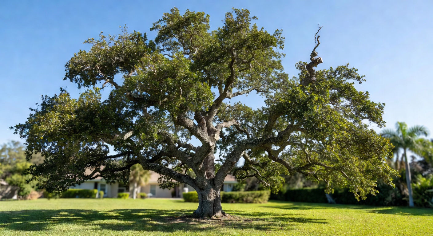 Live oak tree properly pruned for hurricane resistance in Southwest Florida yard, showing excellent canopy structure, blue sky background, highly detailed