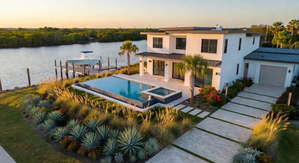 Ultra-realistic 8K aerial view of a modern Cape Coral waterfront home with contemporary xeriscape landscaping, drought-tolerant native plants, pervious pavers, and a sleek swimming pool, golden hour lighting, Southwest Florida, highly detailed
