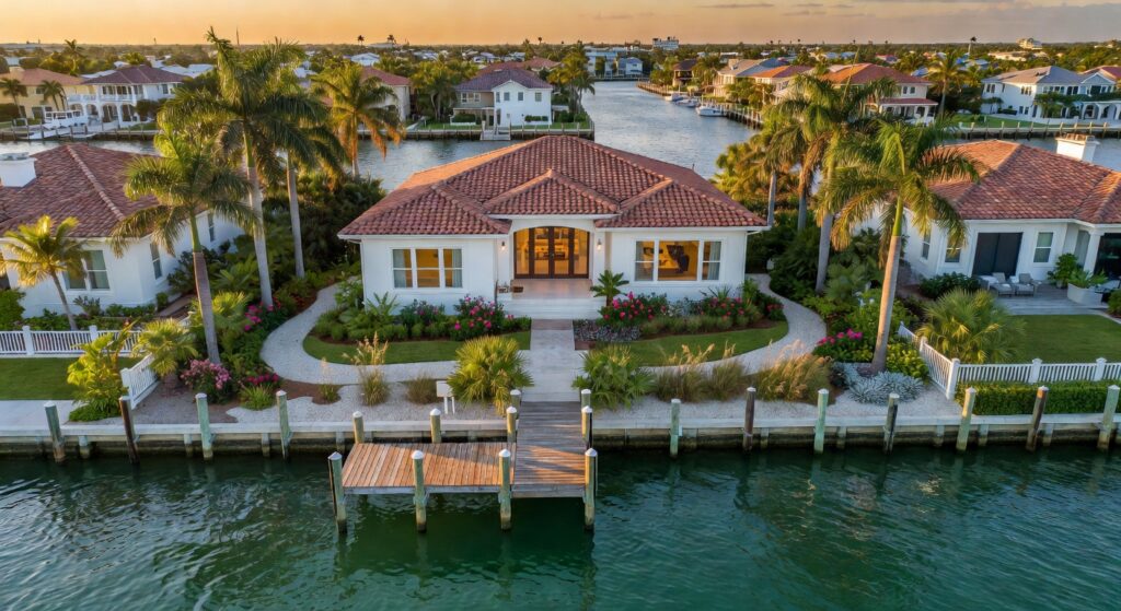 Ultra-realistic 8K aerial view of a luxurious Cape Coral waterfront home with professionally designed Florida-friendly landscaping featuring native plants, shell pathways, and a private dock at golden hour, crystal clear water, vibrant yet natural colors