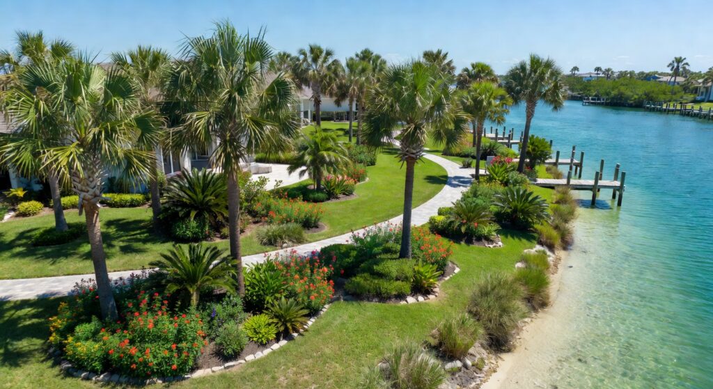 Ultra-realistic 8K aerial view of a beautiful Cape Coral waterfront property featuring a professionally designed native plant landscape with Sabal palms, colorful native shrubs, and strategic zoning, bright Florida sunlight, turquoise water visible, highly detailed vegetation