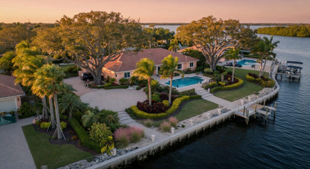 Ultra-realistic 8K aerial view of a Cape Coral waterfront home with hurricane resistant landscaping featuring Sabal palms, live oaks, and strategic hardscaping during golden hour, showing wind-resistant plant layout, detailed textures, photorealistic, cinematic lighting