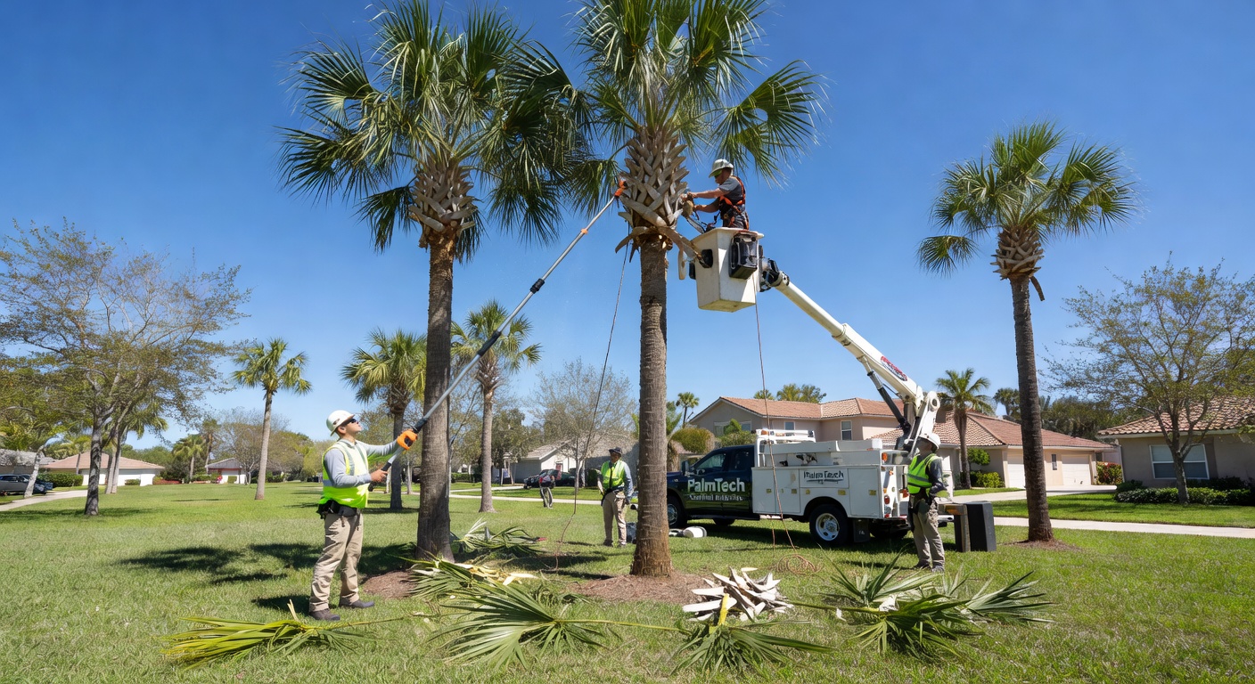 Seasonal landscape maintenance in Cape Coral during spring showing pruning of palm trees by certified arborists using proper equipment, safety harnesses, clear blue sky, detailed