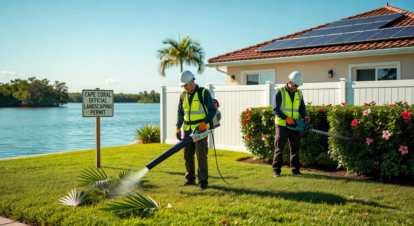 Photorealistic image of a maintenance crew performing eco-friendly landscaping tasks on a Cape Coral waterfront property, using proper equipment and following local regulations, bright sunny day