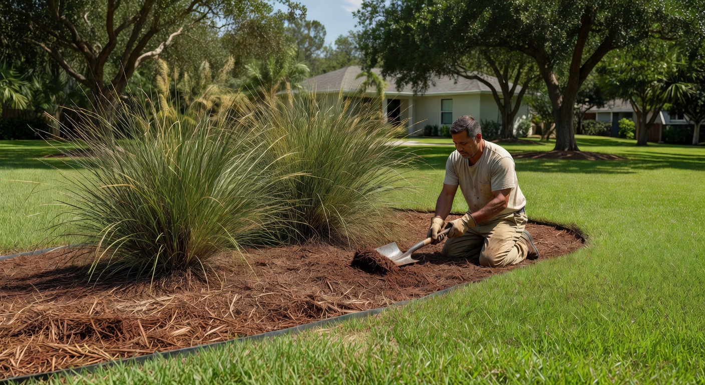 Ultra-realistic 8K image showing proper mulching techniques around native plants in a Cape Coral landscape, 3-inch layer of melaleuca mulch, clean edging, professional installation quality, natural lighting