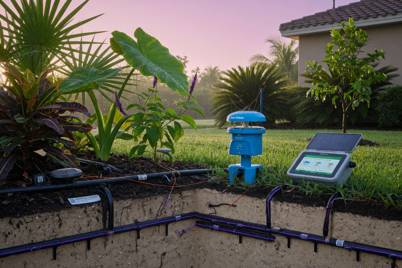 Detailed view of smart irrigation system with subsurface drip lines and rain sensor technology in Florida landscape, morning dew on plants, technical yet beautiful composition, 8K realism