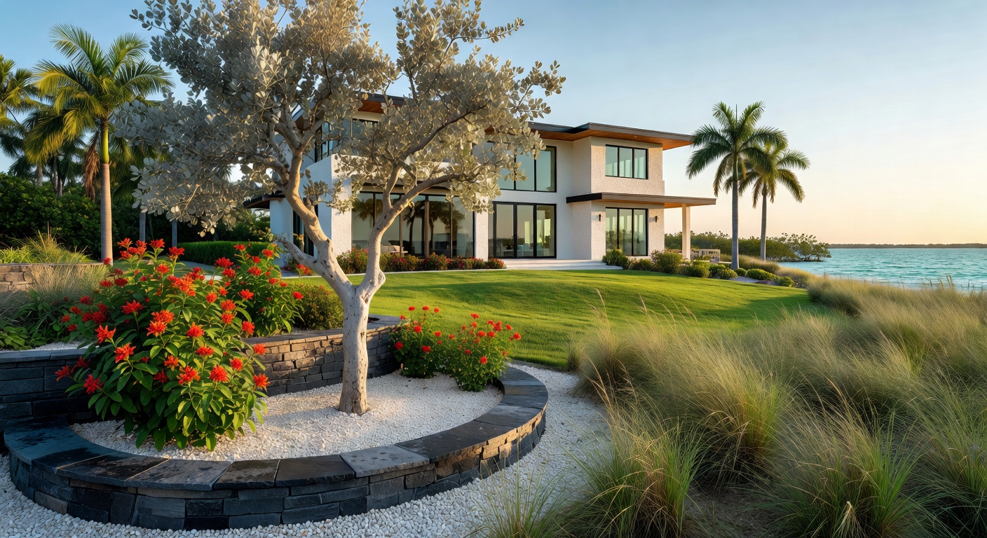 Detailed 8K shot of a sophisticated coastal garden in Cape Coral featuring silver buttonwood, firebush, Mexican beach grass, and strategic hardscaping elements with a contemporary waterfront home in background
