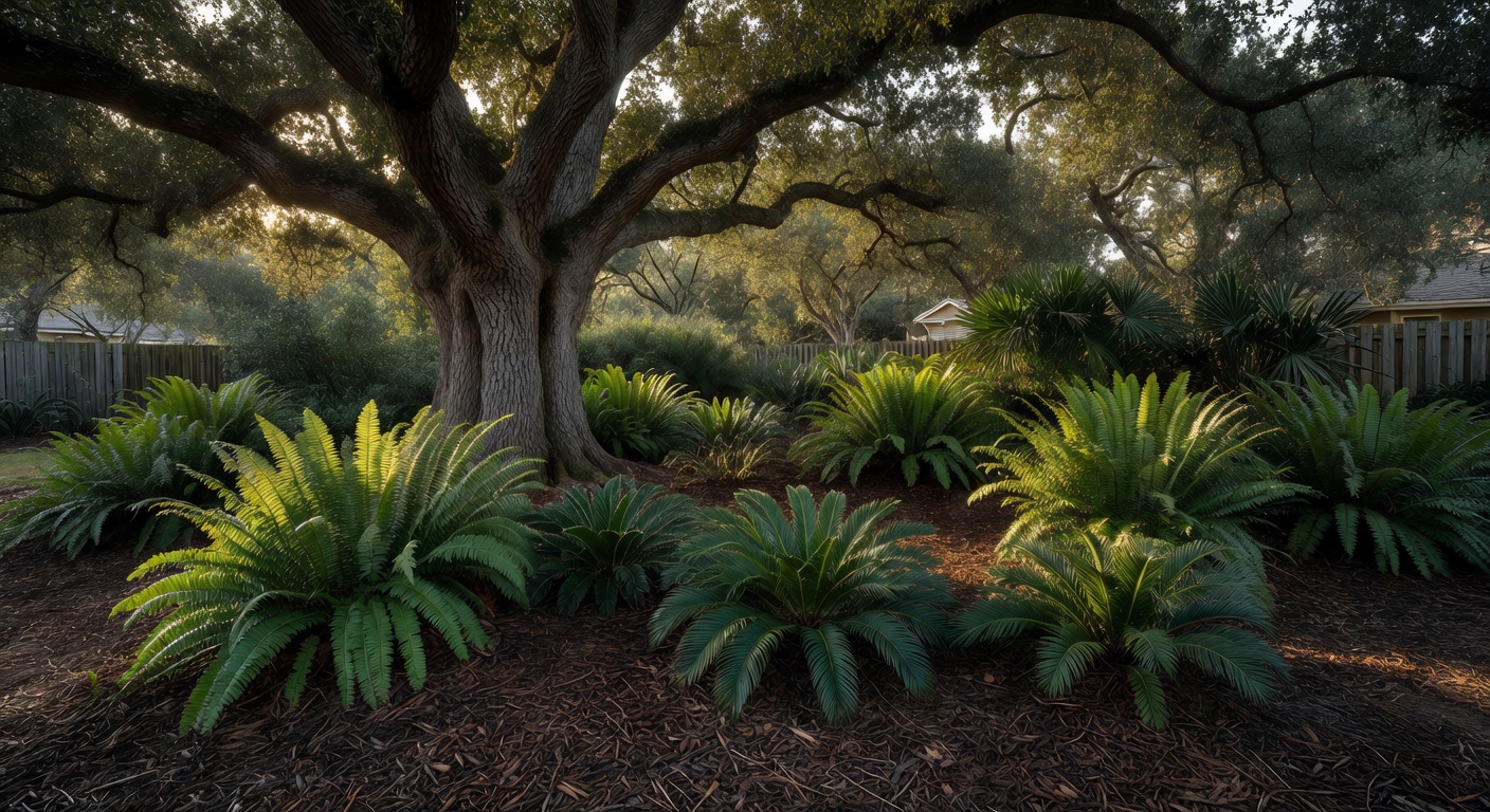 Understory planting beneath mature Live Oak tree in Cape Coral including ferns, coontie, and mulch, soft filtered sunlight, tranquil garden scene, photorealistic 8K