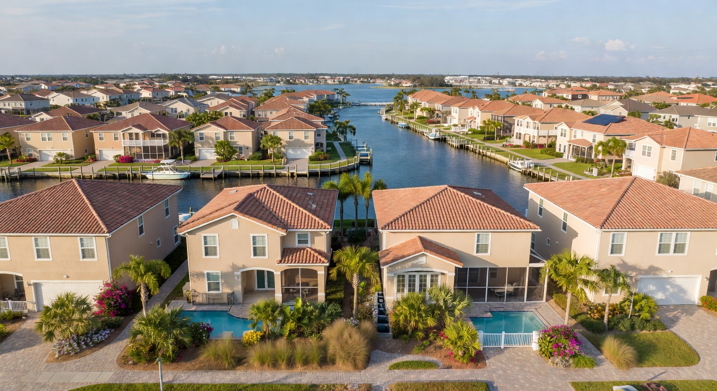 Aerial perspective of an entire Cape Coral waterfront community showcasing multiple properties with compliant and beautiful Florida-friendly landscaping designs, consistent aesthetic, sunny Florida day