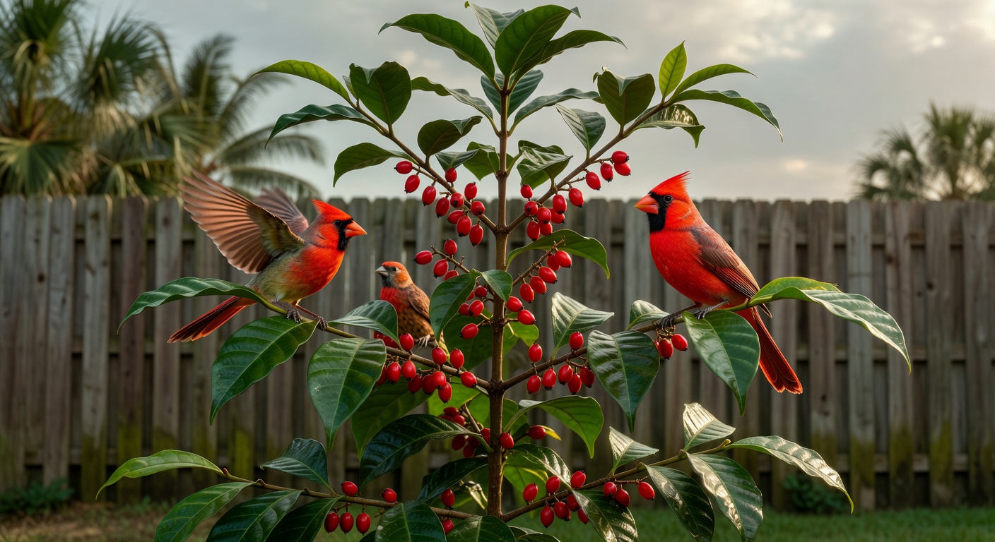 Ultra-realistic 8K close-up of Wild Coffee plant (Psychotria nervosa) with glossy leaves and bright red berries, attracting birds in a Cape Coral backyard habitat, soft natural light, incredible detail