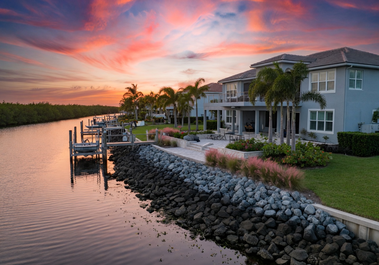 Cape Coral canal-front property with expertly designed hurricane resistant landscaping including rip-rap, native vegetation, and elevated hardscaping, sunset lighting, ultra-photorealistic 8K