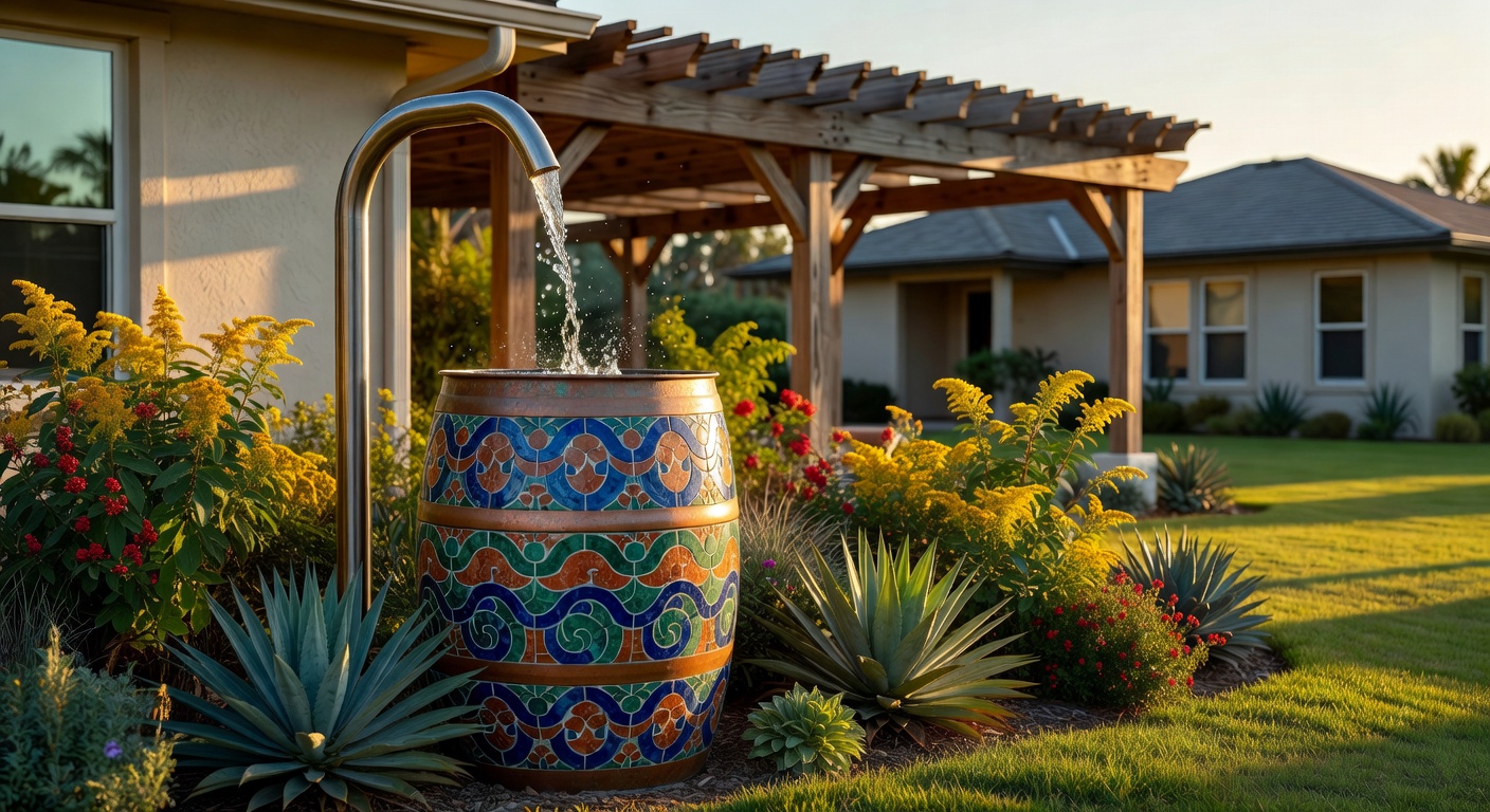 Rainwater harvesting system with decorative rain barrel integrated into a beautiful Cape Coral landscape design, native plants surrounding, realistic water detail, 8K