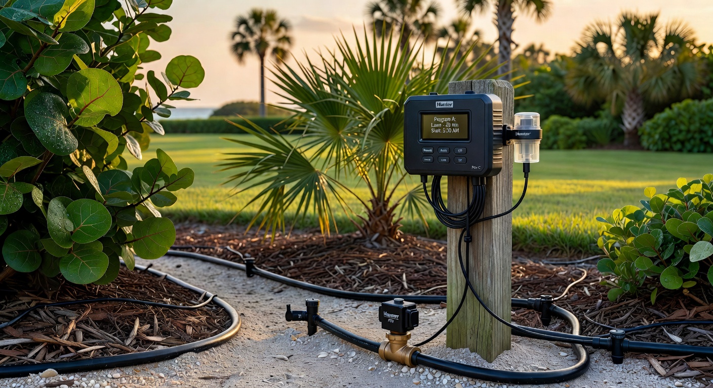 Close-up ultra-realistic image of irrigation system components properly installed in a Cape Coral landscape with smart controller, drip lines, and rain sensor, surrounded by native plants