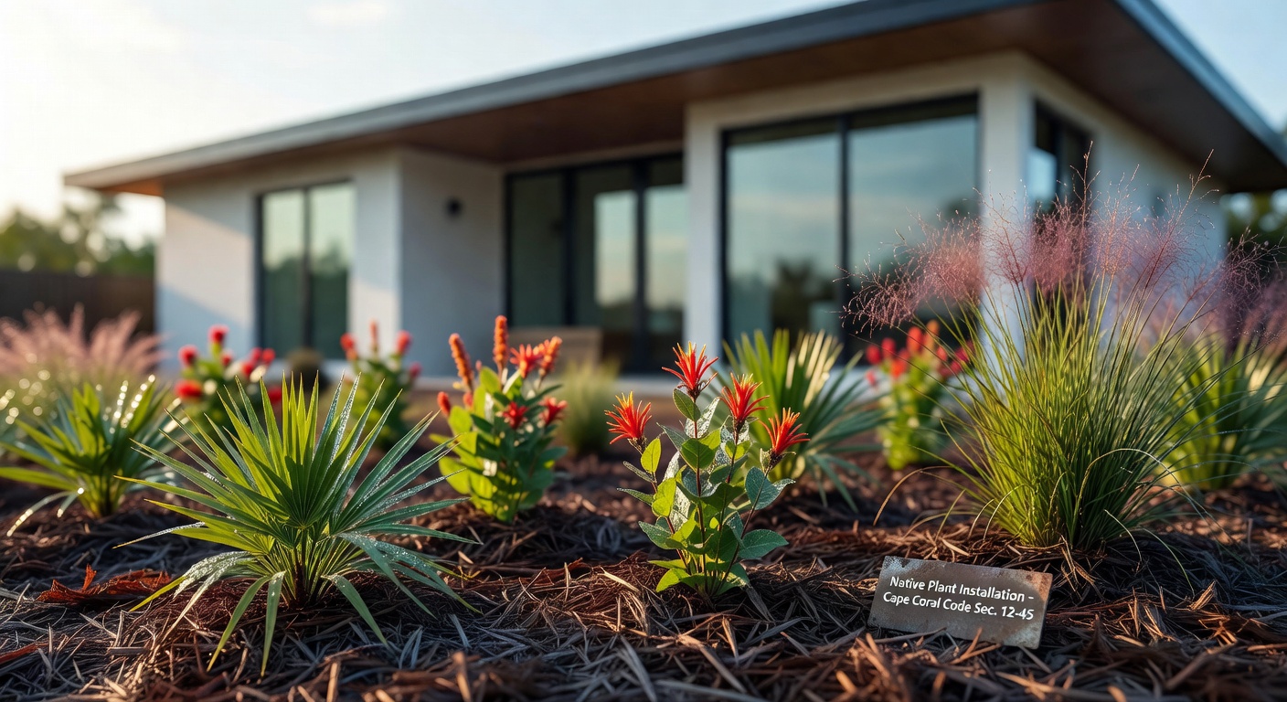 Ultra-realistic 8K image of a newly installed native plant landscape in Cape Coral following local code requirements, young plants with proper spacing, fresh mulch, modern home with clean lines