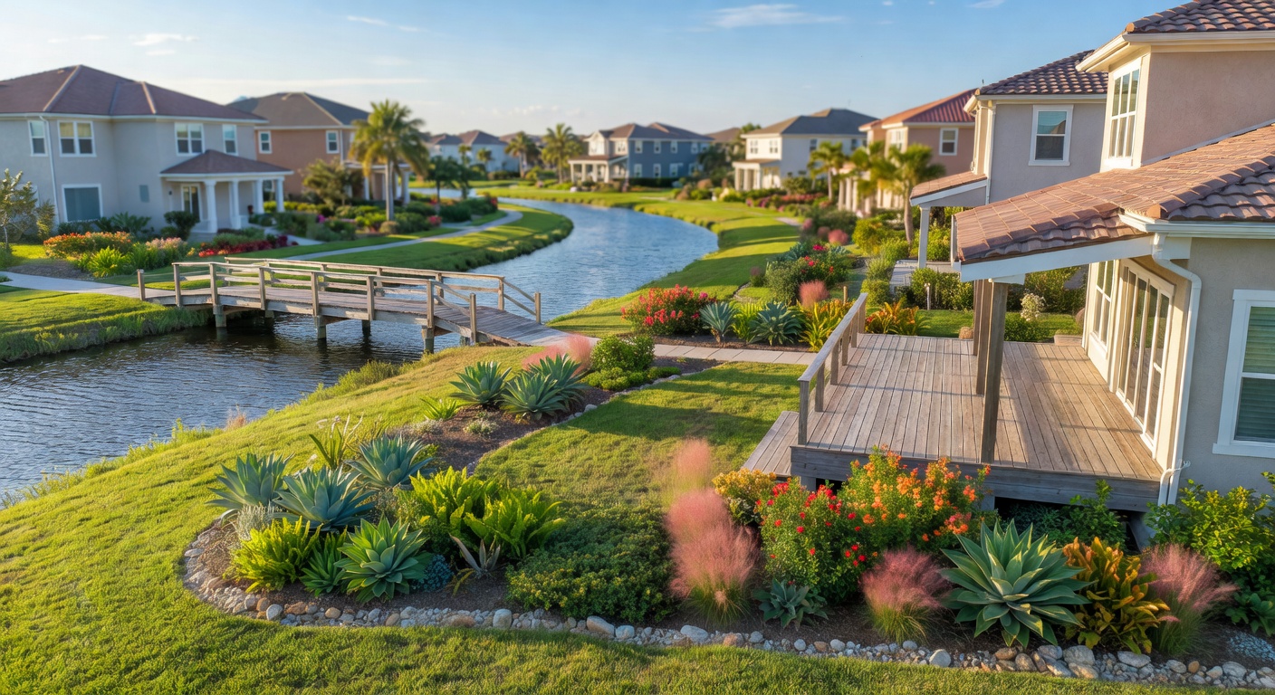 Aerial view of a Cape Coral community with multiple homes featuring sustainable landscaping, reduced turf areas, and native plant communities, bright sunny day, 8K ultra detailed