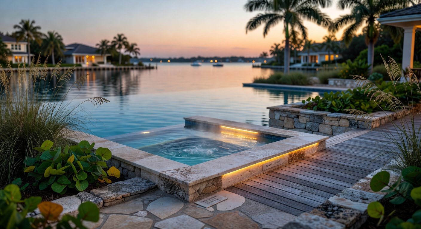 Beautiful twilight image of a Cape Coral waterfront pool and spa area integrated with natural-looking hardscaping, native plantings, and indirect lighting creating a resort-like atmosphere