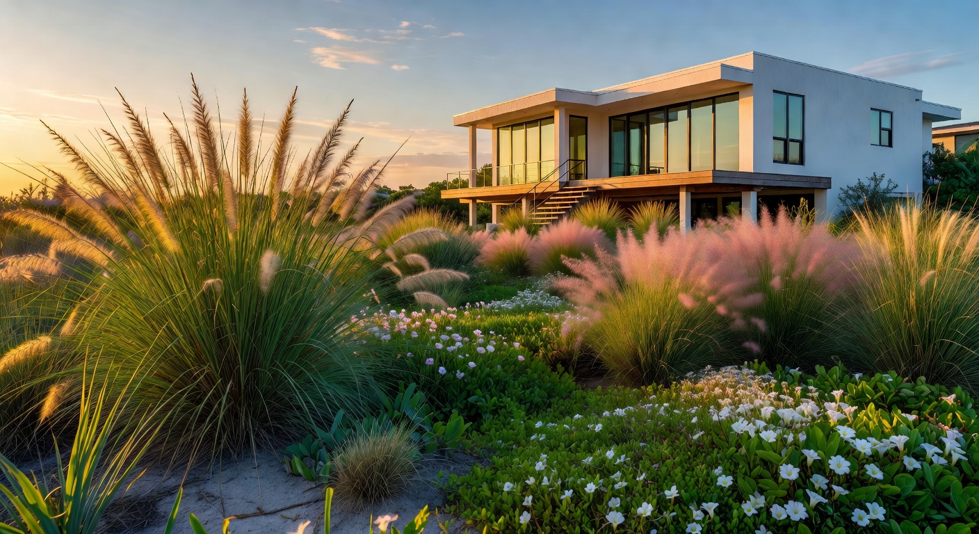 Ultra-realistic 8K image of a low-maintenance native Florida lawn alternative using ornamental grasses and groundcovers in Cape Coral, reducing water usage, contemporary residential architecture, perfect composition