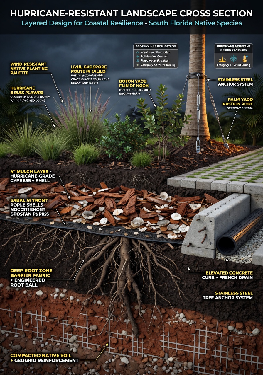 Infographic-style realistic image showing layers of hurricane resistant landscape design including soil, roots, mulch, plants and hardscaping with labels, educational yet photorealistic 8K quality