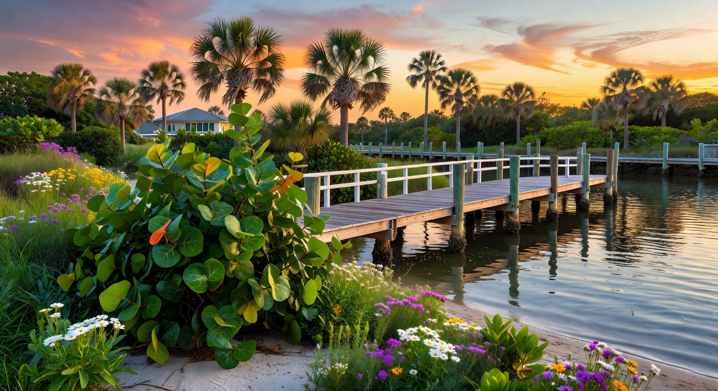 Ultra-detailed 8K photo of a mature waterfront landscape in Cape Coral five years after installation, showing lush growth of sea grapes, palms, and flowering natives with a beautiful dock area
