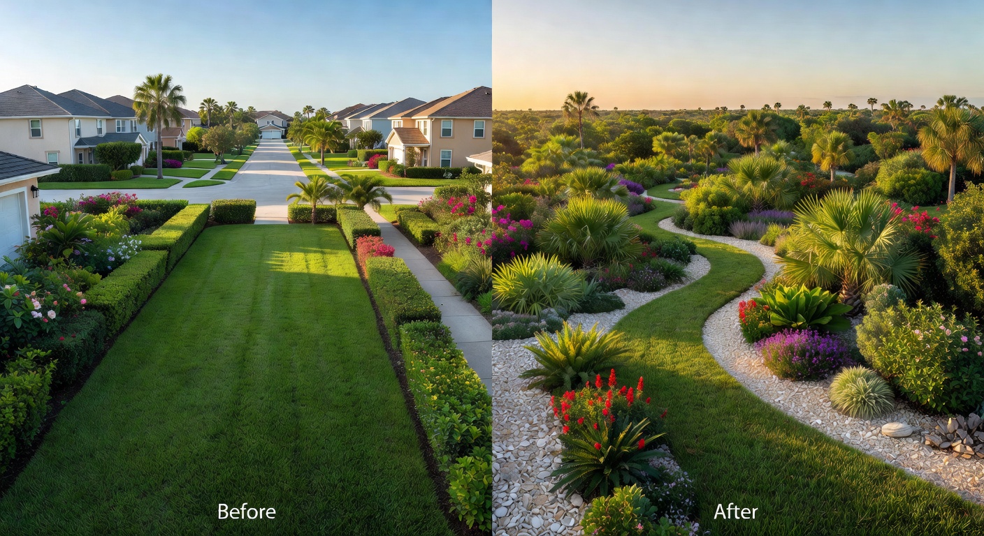 Ultra-realistic 8K before and after split image showing Cape Coral landscaping transformation from traditional turf and exotic plants to diverse native plant community, same property, same angle
