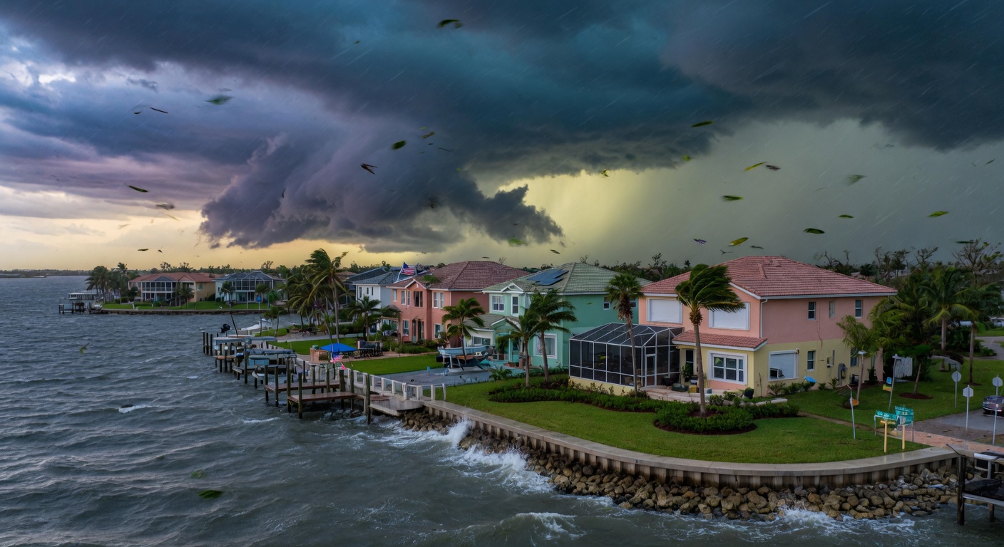 Dramatic image of a major hurricane approaching Cape Coral waterfront with homes featuring properly designed resilient landscaping surviving high winds, cinematic and realistic 8K scene