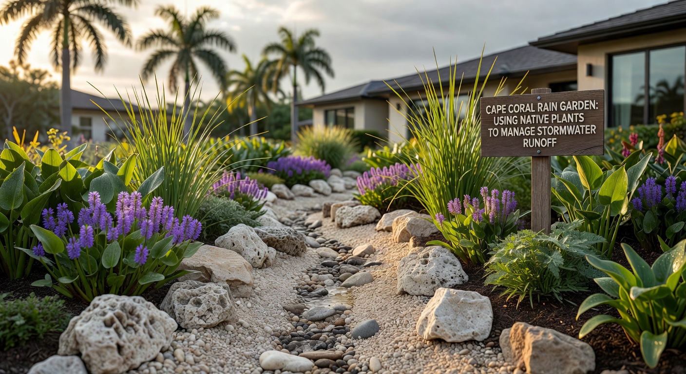 Detailed ultra-realistic 8K image of a rain garden in a Cape Coral backyard using native wetland plants to manage stormwater, beautiful stone features, educational landscape design, soft diffused lighting