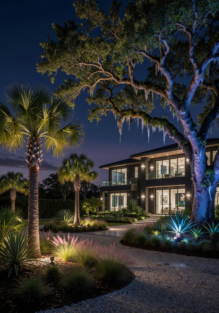 Beautiful night lighting on hurricane resistant landscape in Cape Coral featuring uplighted sabal palms and live oaks, contemporary home in background, atmospheric 8K photography