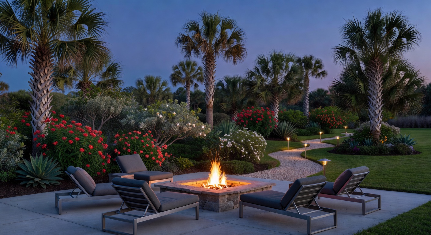 Inspiring ultra-realistic 8K twilight image of a beautifully lit native plant landscape in Cape Coral with pathway lighting, firepit area, and mature native trees and shrubs creating an inviting outdoor living space