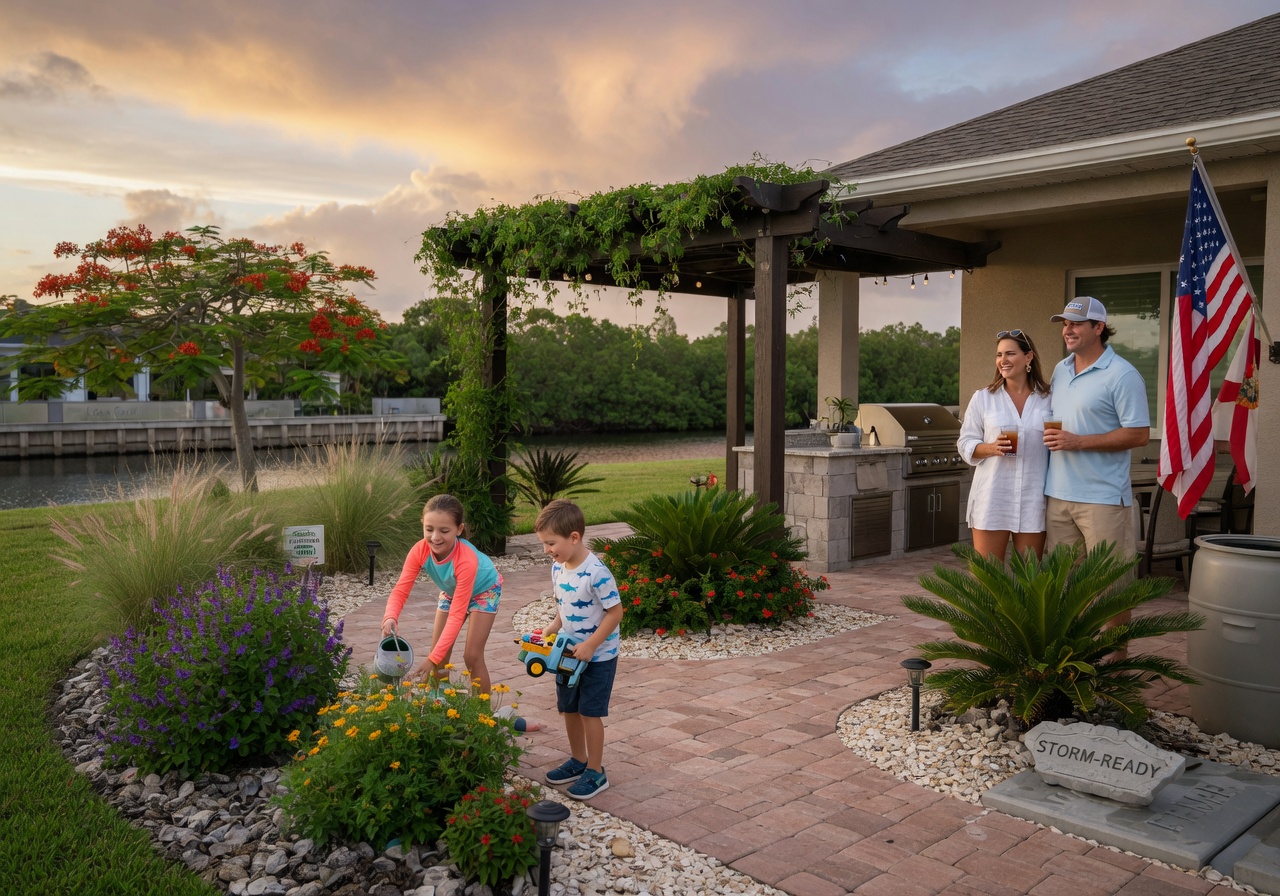 Happy Cape Coral family enjoying their storm-resilient backyard with children playing safely among native plants and durable hardscaping, realistic lifestyle photography in 8K resolution