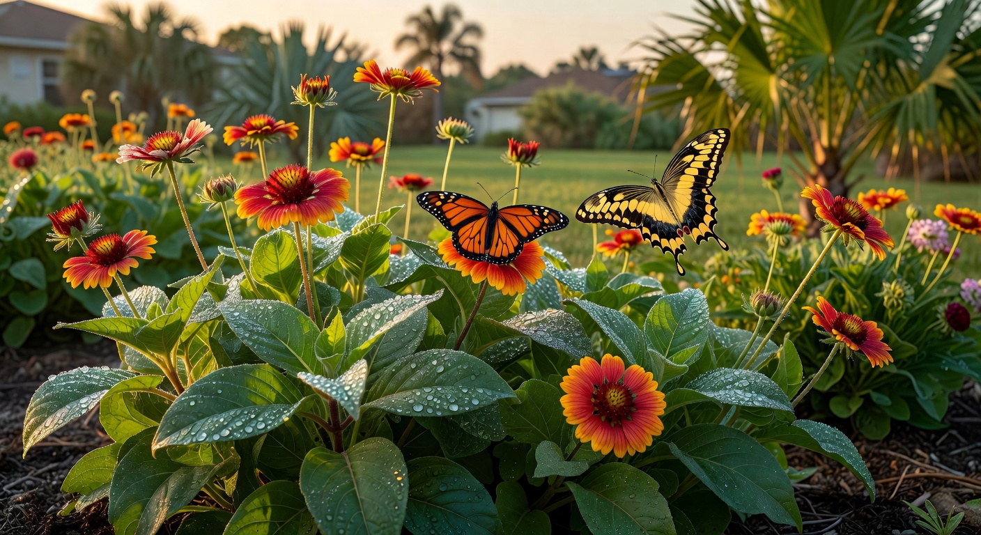 Close-up of vibrant Florida-friendly pollinator garden in Cape Coral featuring Firebush, Gaillardia, and butterflies, morning dew on leaves, realistic textures, 8K resolution