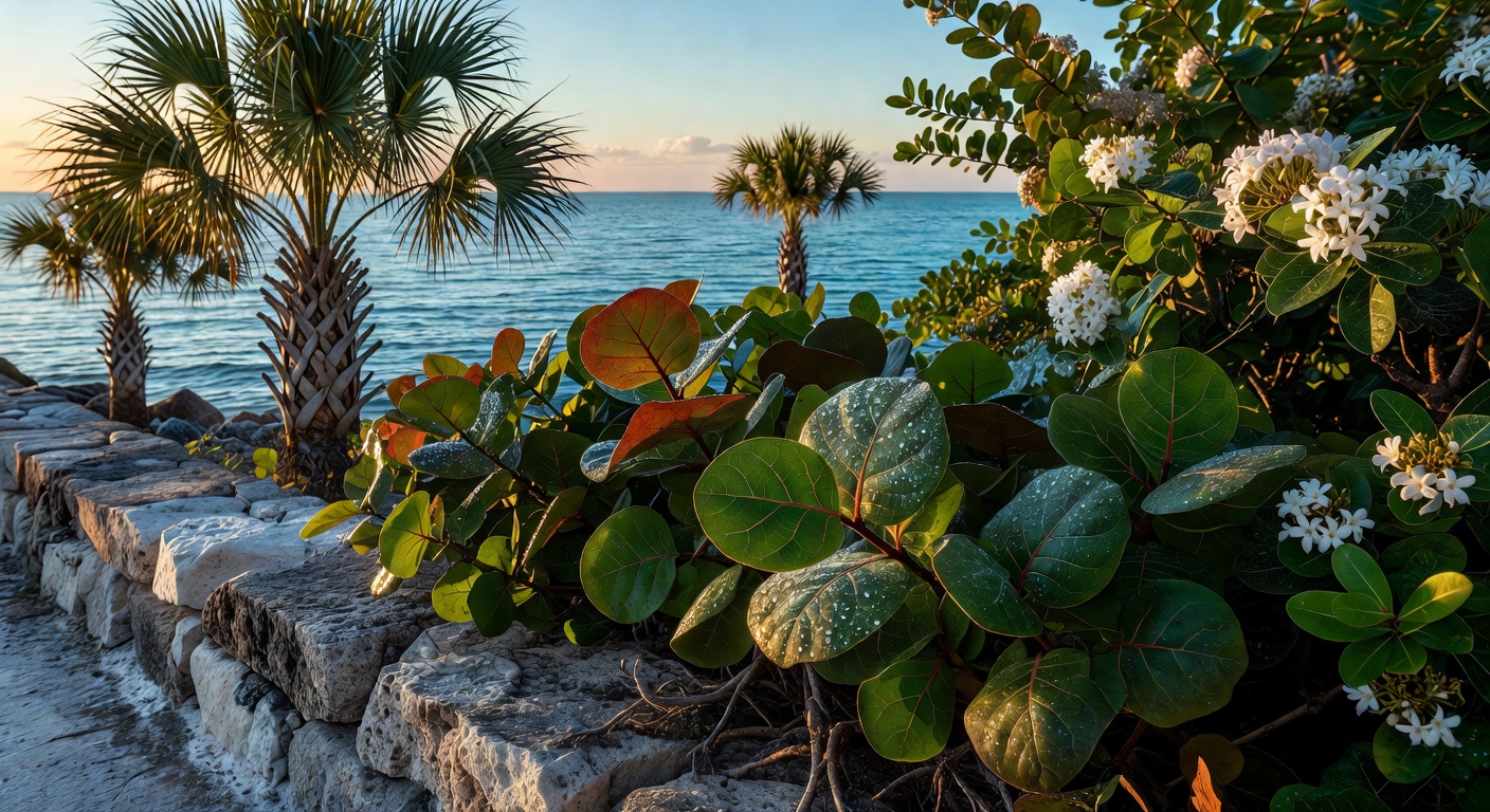 Close-up photorealistic image of salt-tolerant coastal plants including sea grape, cabbage palm, and simpson's stopper thriving along a Cape Coral seawall with calm turquoise water in background, morning light, dew on leaves