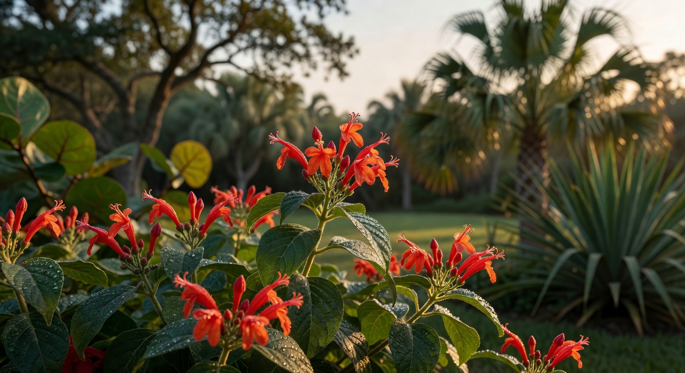 Close-up ultra-realistic 8K photograph of vibrant Firebush (Hamelia patens) with bright orange-red flowers and green foliage in a Cape Coral backyard, dew drops on leaves, morning sunlight, bokeh background with native plants