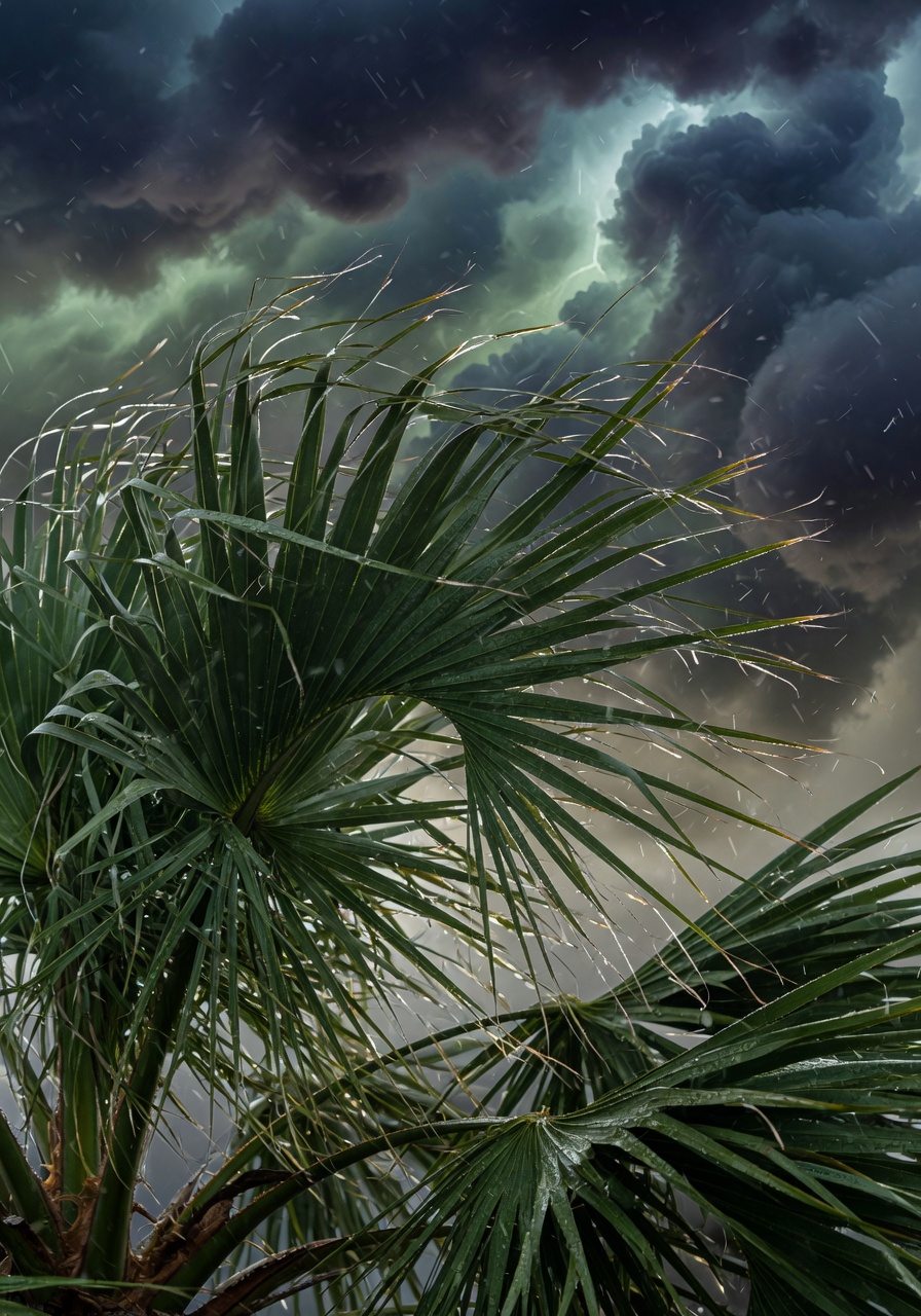 Close-up of wind-resistant Sabal palm tree with detailed fronds bending in strong wind, dramatic storm clouds in background, rain droplets on leaves, ultra-detailed 8K photography, realistic textures