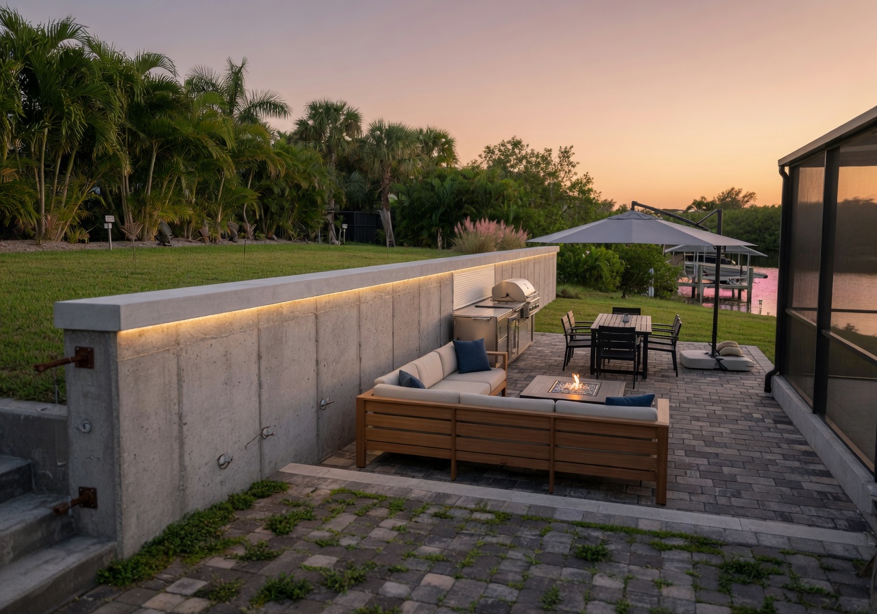 Modern Cape Coral residential backyard with reinforced concrete retaining wall, pervious pavers, native Florida plants, and strategic landscaping designed for hurricane resistance, luxury outdoor living space, 8K photorealistic