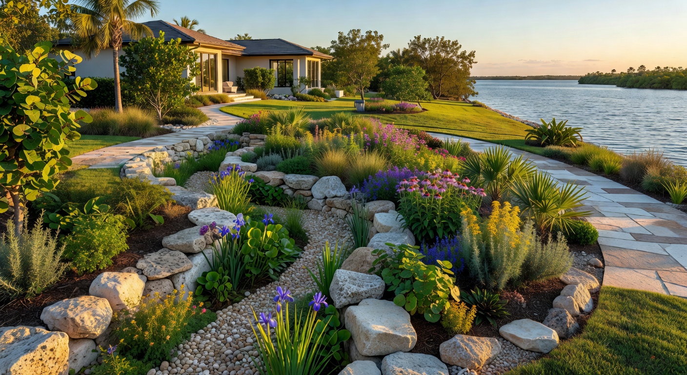 Photorealistic landscape design rendering of a Cape Coral waterfront property transformed with layered native plantings, rain garden, bioswale, and minimal turf areas, showing excellent water management features