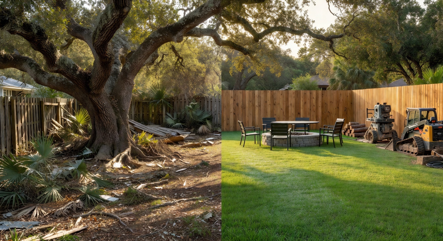 Before and after split image showing tree removal and landscape renovation in a Cape Coral residential yard, professional equipment visible, realistic photography style