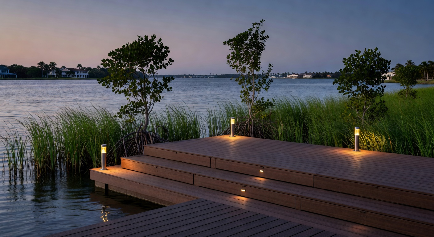 8K ultra-realistic photo of a Cape Coral dock area beautifully landscaped with black mangrove restoration, salt marsh grasses, lighting fixtures, and composite decking with storage integrated seamlessly into the landscape