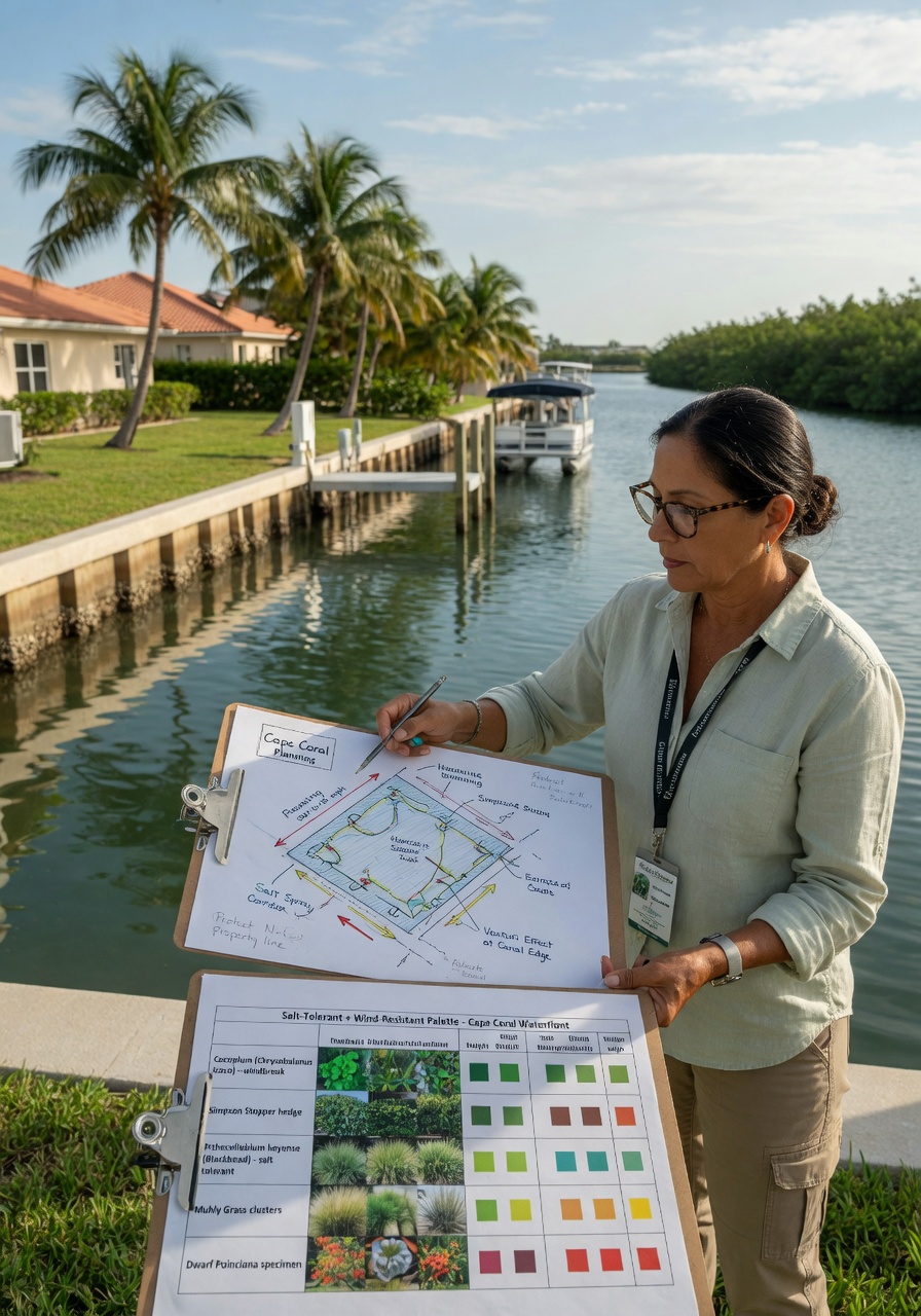 Professional landscape architect examining Cape Coral property with clipboard, showing wind pattern diagrams and plant selection charts, waterfront background, photorealistic 8K image