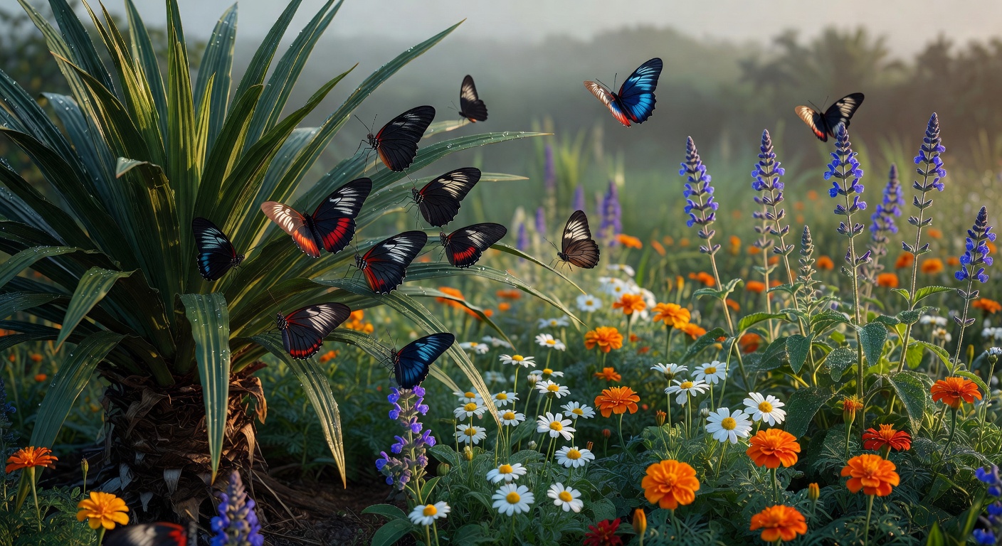 Beautiful ultra-realistic 8K photograph of a Cape Coral butterfly garden featuring Coontie plants and Atala butterflies, native wildflowers in bloom, soft morning light, extremely detailed insects and plant textures