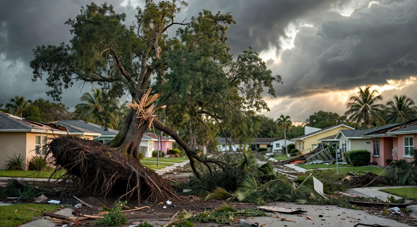 Hurricane damaged tree with visible root plate lifting in a Cape Coral neighborhood after a storm, dramatic skies, highly realistic emergency scene, 8K resolution