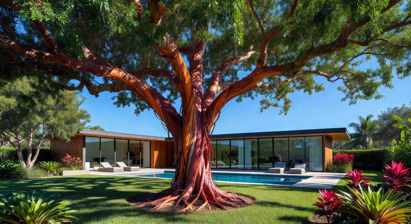 Ultra-realistic 8K image of Gumbo Limbo tree with characteristic peeling red bark, planted in a contemporary Cape Coral landscape, blue sky background, professional landscape photography style