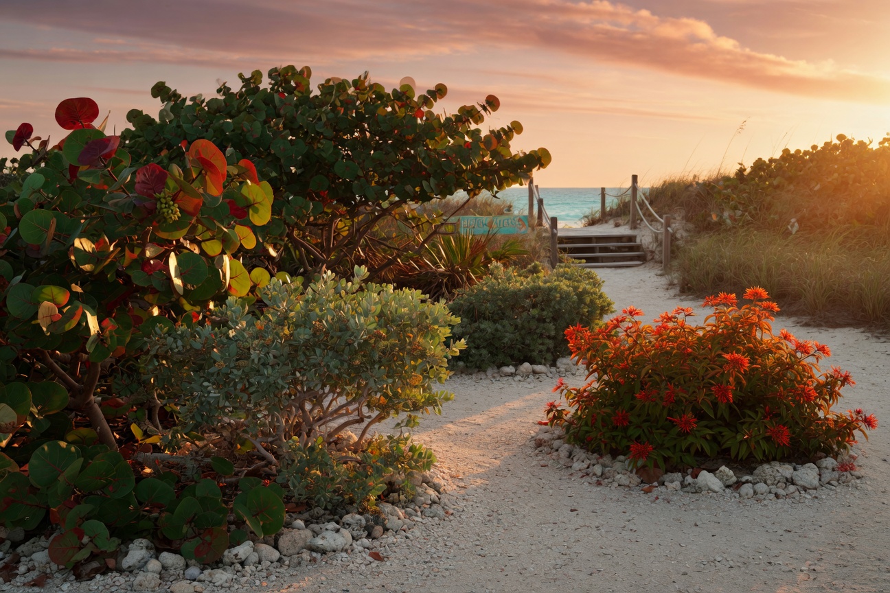 Beautiful coastal landscape design with sea grape, buttonwood, and firebush plants arranged in wind-resistant clusters, beach access in background, golden sunlight, 8K ultra-detailed rendering