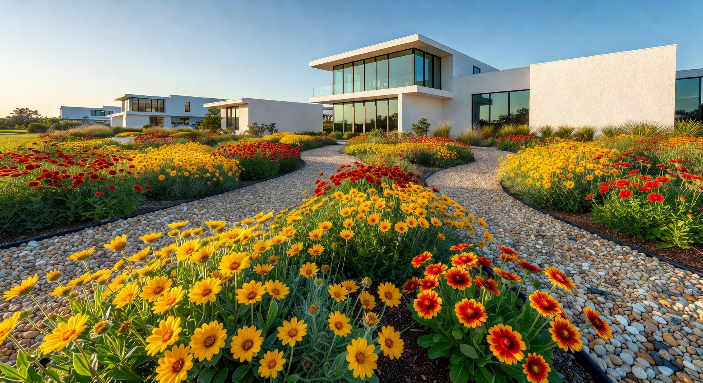 Ultra-realistic 8K wide angle shot of a drought-tolerant native groundcover bed in Cape Coral using Beach Sunflower and Blanket Flower in full bloom, decorative gravel pathways, modern home architecture visible
