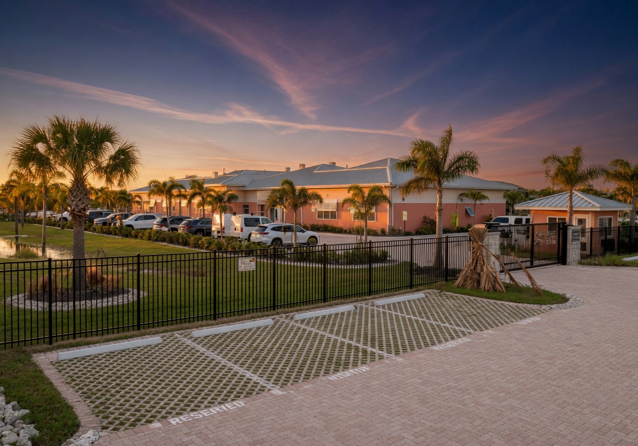 Commercial property in Cape Coral with large-scale hurricane resistant landscaping including reinforced fencing, native plant groupings, and attractive pervious parking areas, professional 8K photography