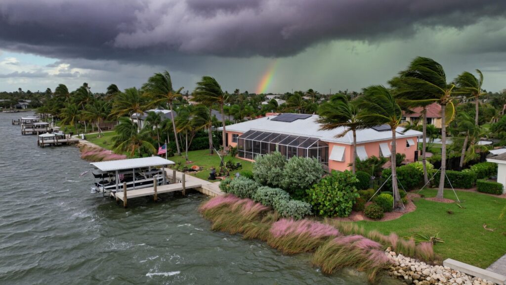 Ultra-realistic 8K aerial view of a hurricane-resistant landscape in Cape Coral Florida with native palm trees and wind-deflecting plant layers protecting a waterfront home during strong winds, dramatic storm clouds in background, highly detailed foliage