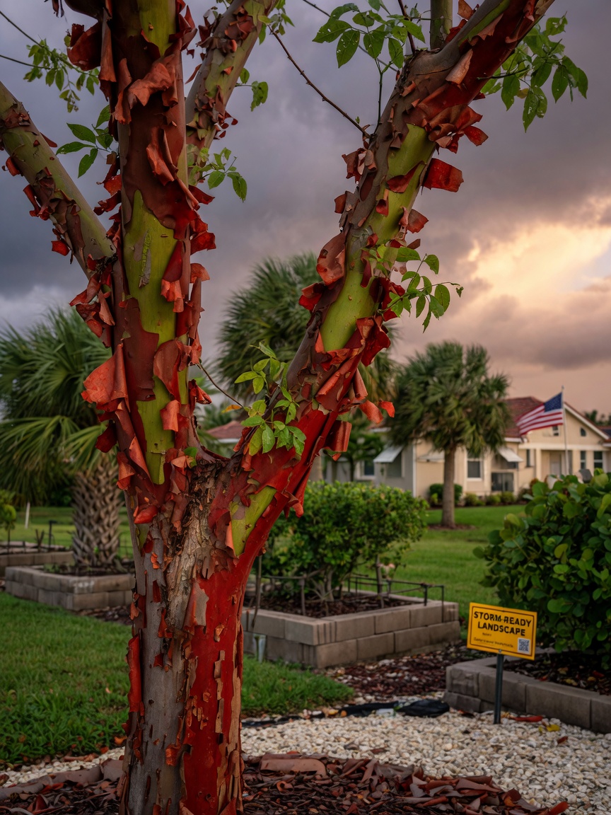 Gumbo Limbo tree with characteristic peeling red bark in a Cape Coral storm-resistant landscape, detailed bark texture, realistic lighting, 8K resolution