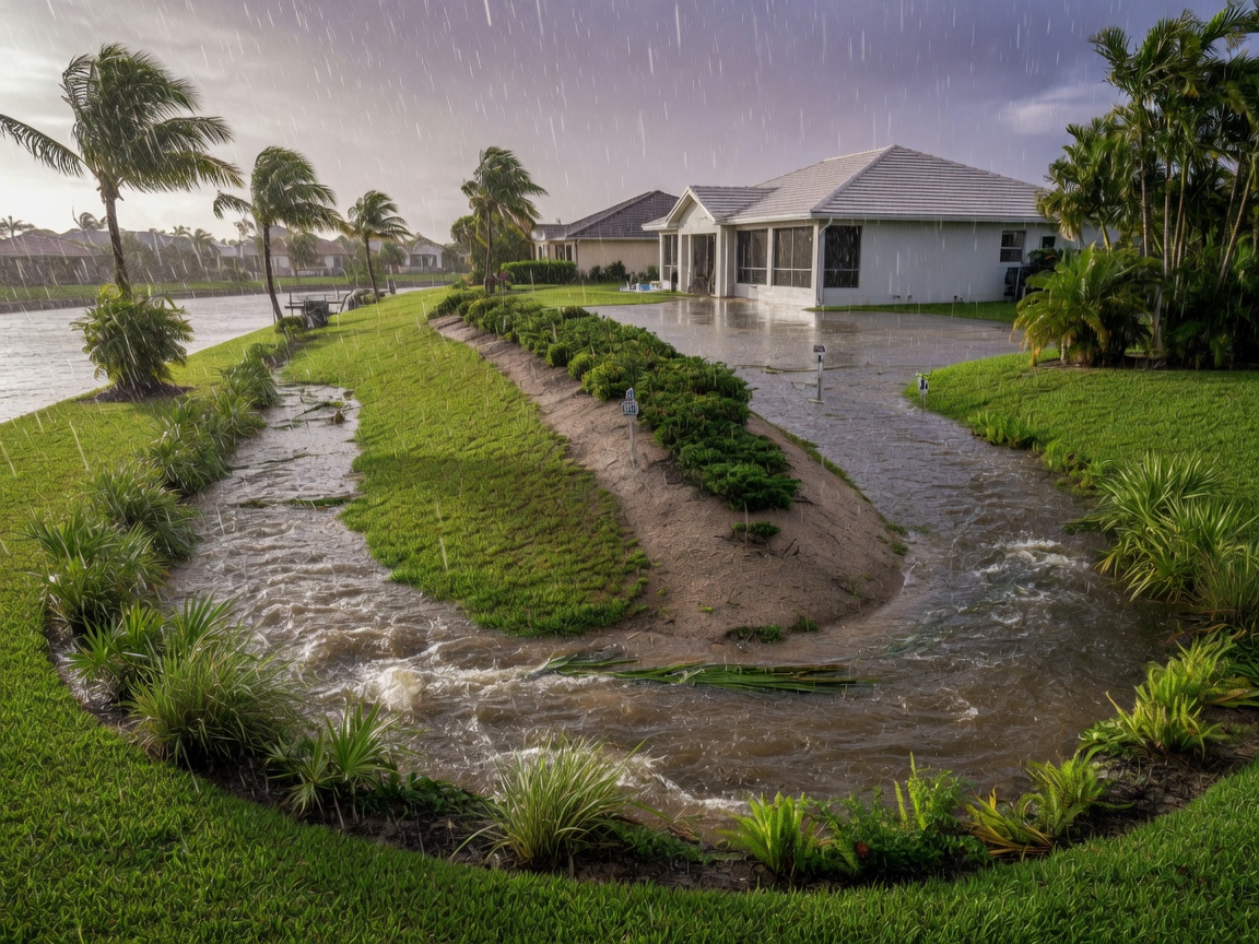 Flood-resistant landscaping with swales and berms directing water in a low-elevation Cape Coral property during heavy rain, realistic water movement, 8K