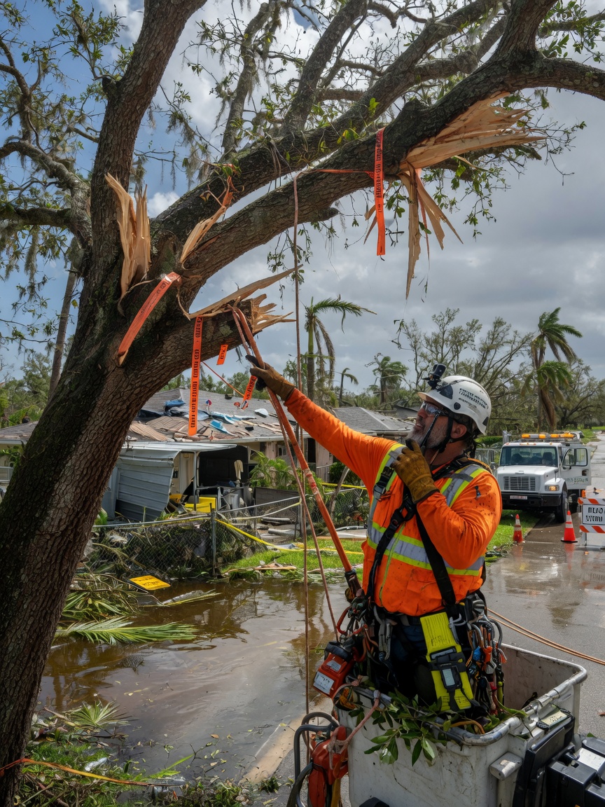 Professional arborist inspecting tree after storm in Cape Coral, detailed safety equipment and realistic post-hurricane scene, 8K photorealistic