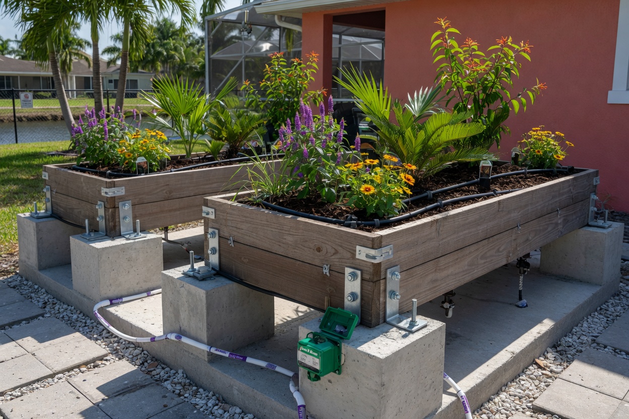 Detailed view of properly anchored raised planter beds with native plants in Cape Coral, showing secure concrete footings and irrigation, 8K resolution