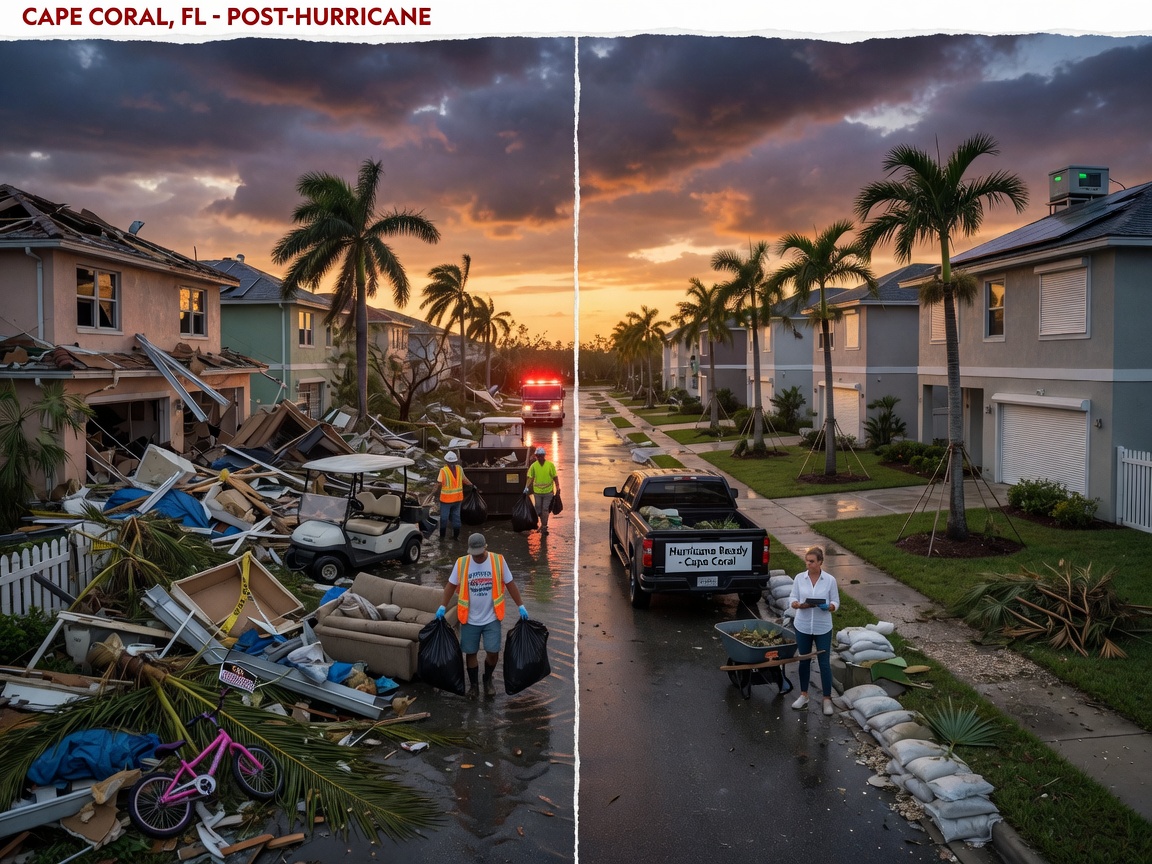 Dramatic image of storm debris cleanup after hurricane versus minimal debris in well-prepared landscape, side-by-side comparison in Cape Coral, realistic 8K